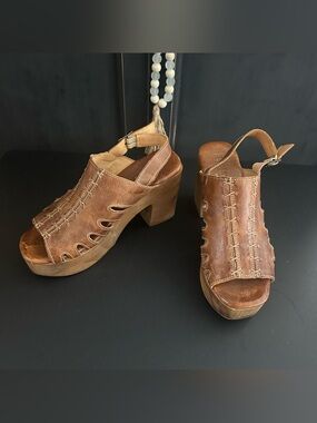 BED|STU Brown Leather Platform Slingback Clogs Size 8